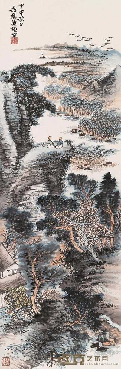 萧愻 1944年作 崖峰眺远雁 立轴 99.5×32.5cm